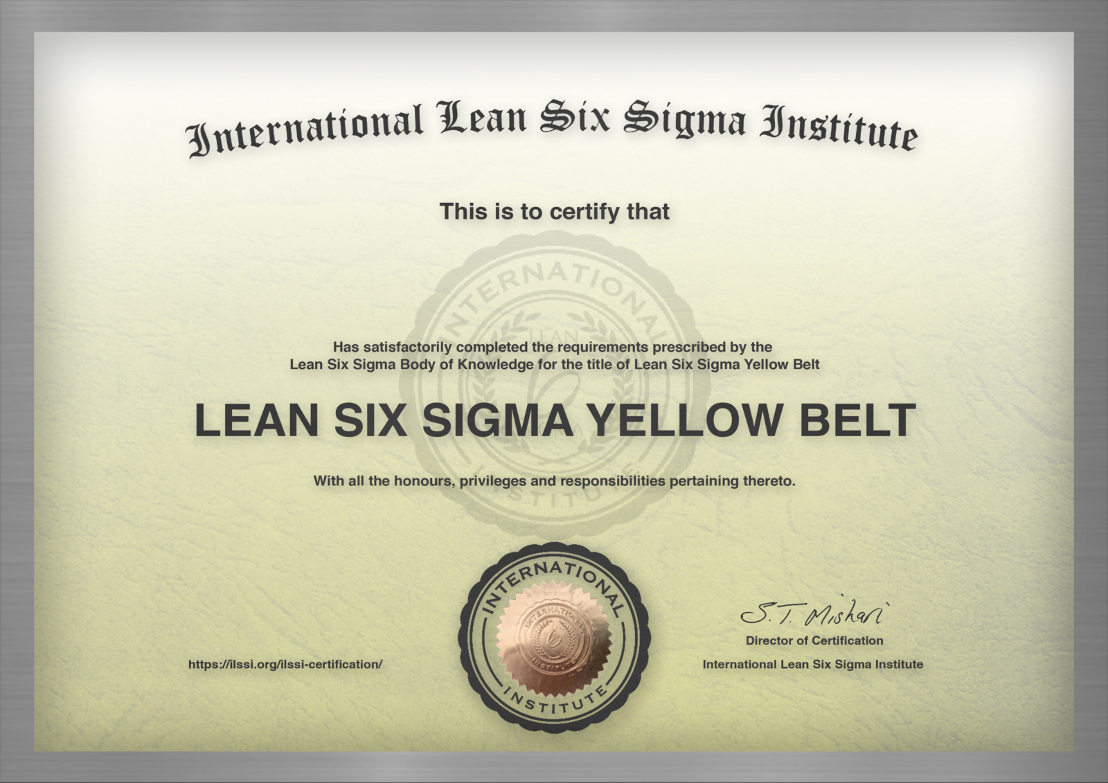 LSSYB Certificate | International Lean Six Sigma Institute