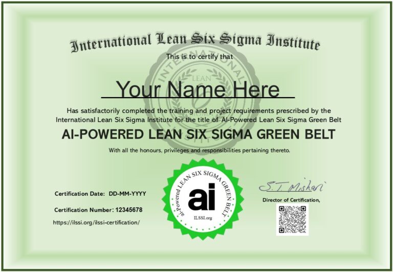 Certificate for Certified Ai-Powered Lean Six Sigma Green Belt ILSSI